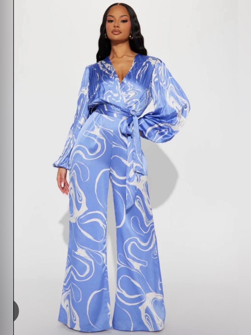 Fashion Nova Blue & White Marble Wrap Jumpsuit